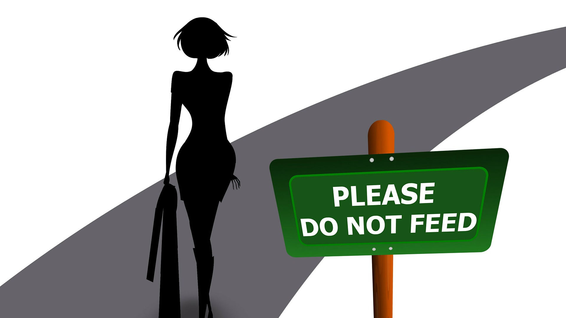 silhouette of a woman with a sign that says please do not feed